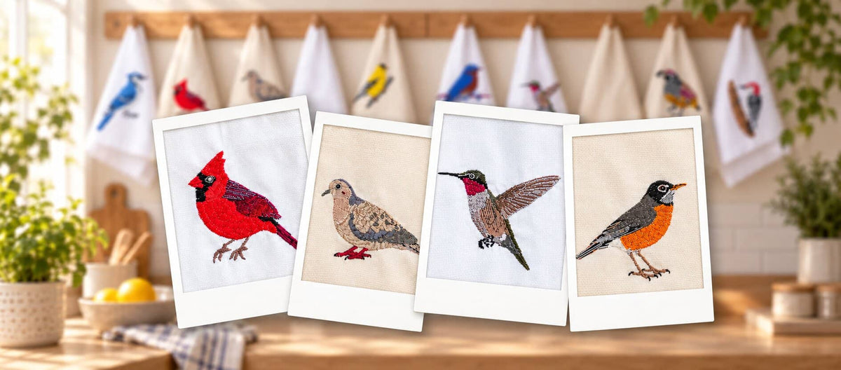 Hand-embroidered bird and wildlife cotton tea towels