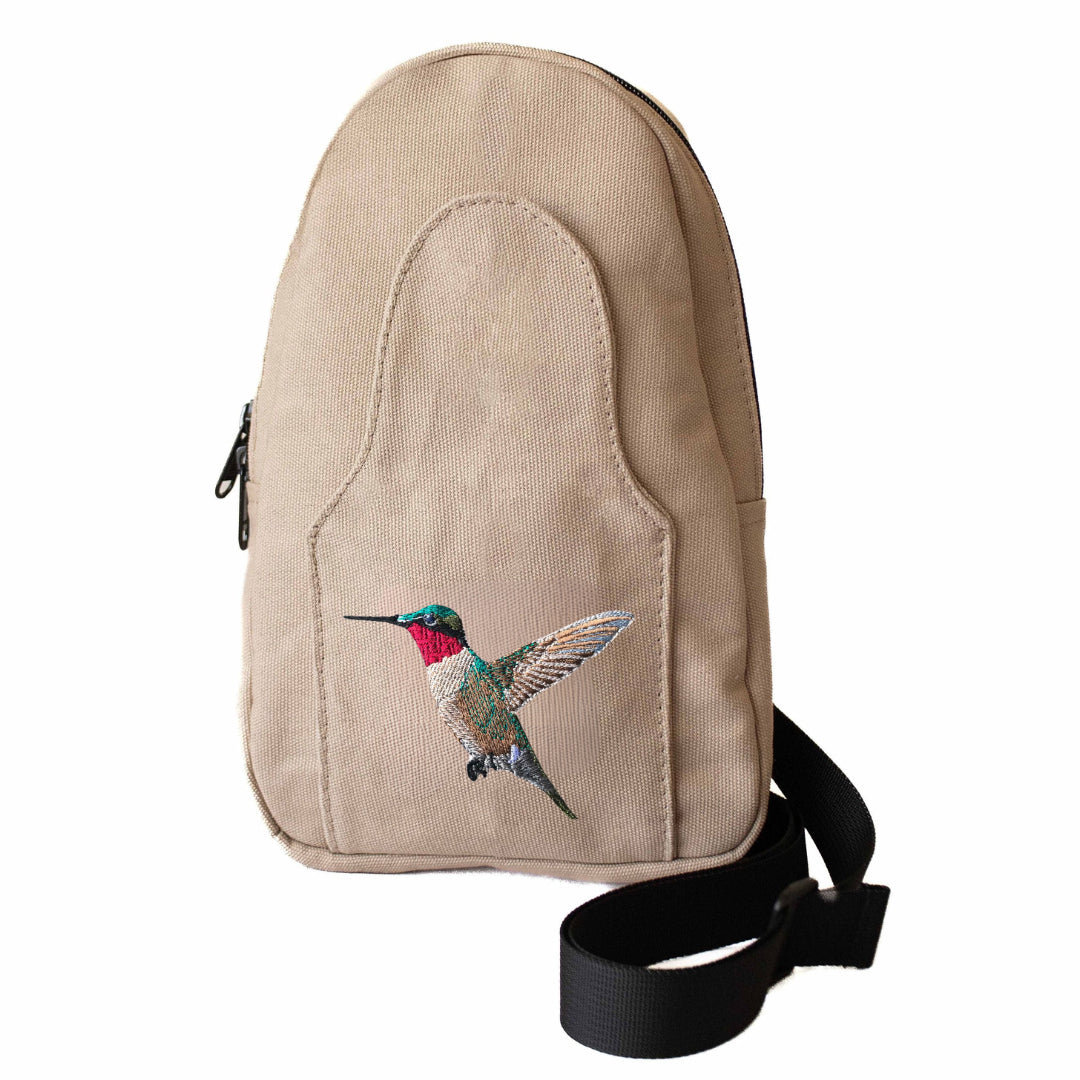 Buru hummingbird embroidered canvas adjustable sling bag
