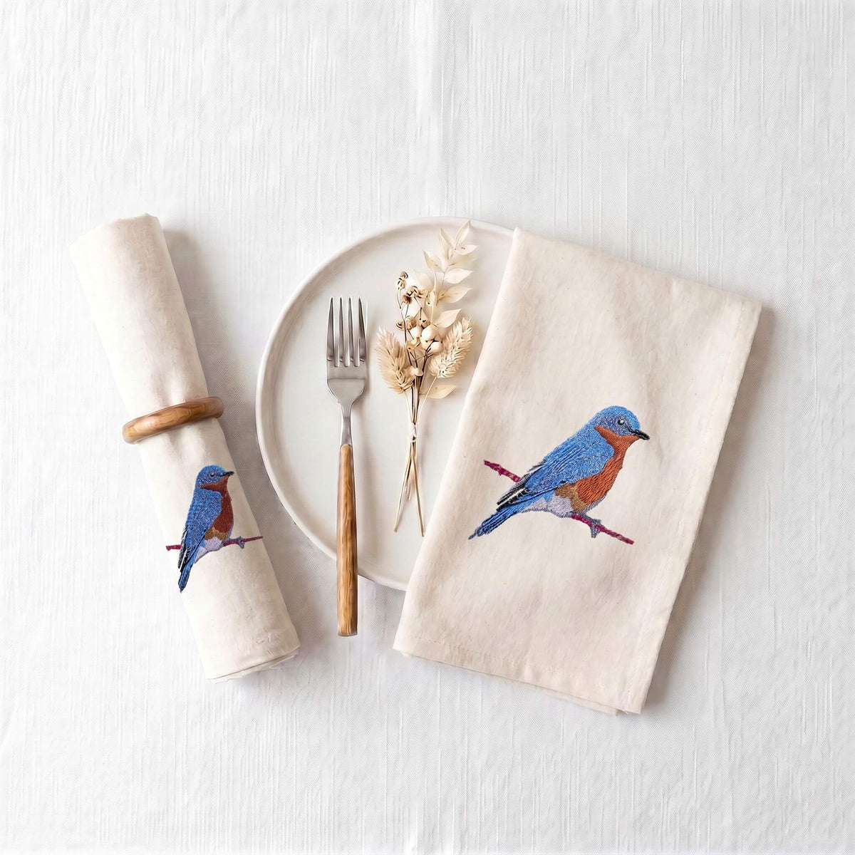 Bird Embroidered Cotton Cloth Napkins - Handmade Set #birds_bluebird