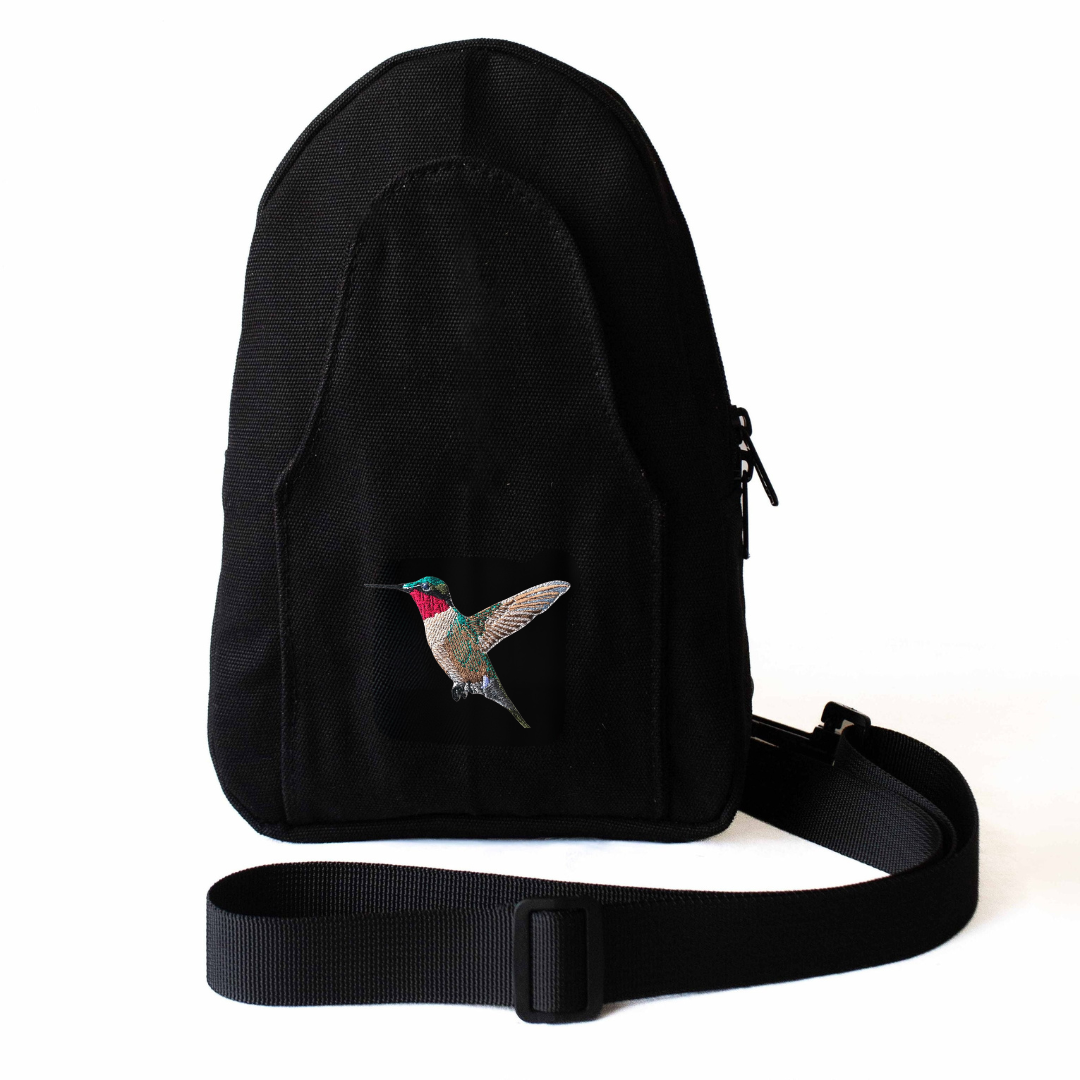 Buru hummingbird embroidered black canvas sling bag — Ecodunia #color_black