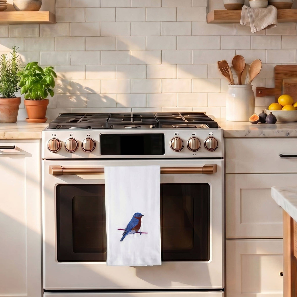 Blue Bird embroidered cotton kitchen tea towel