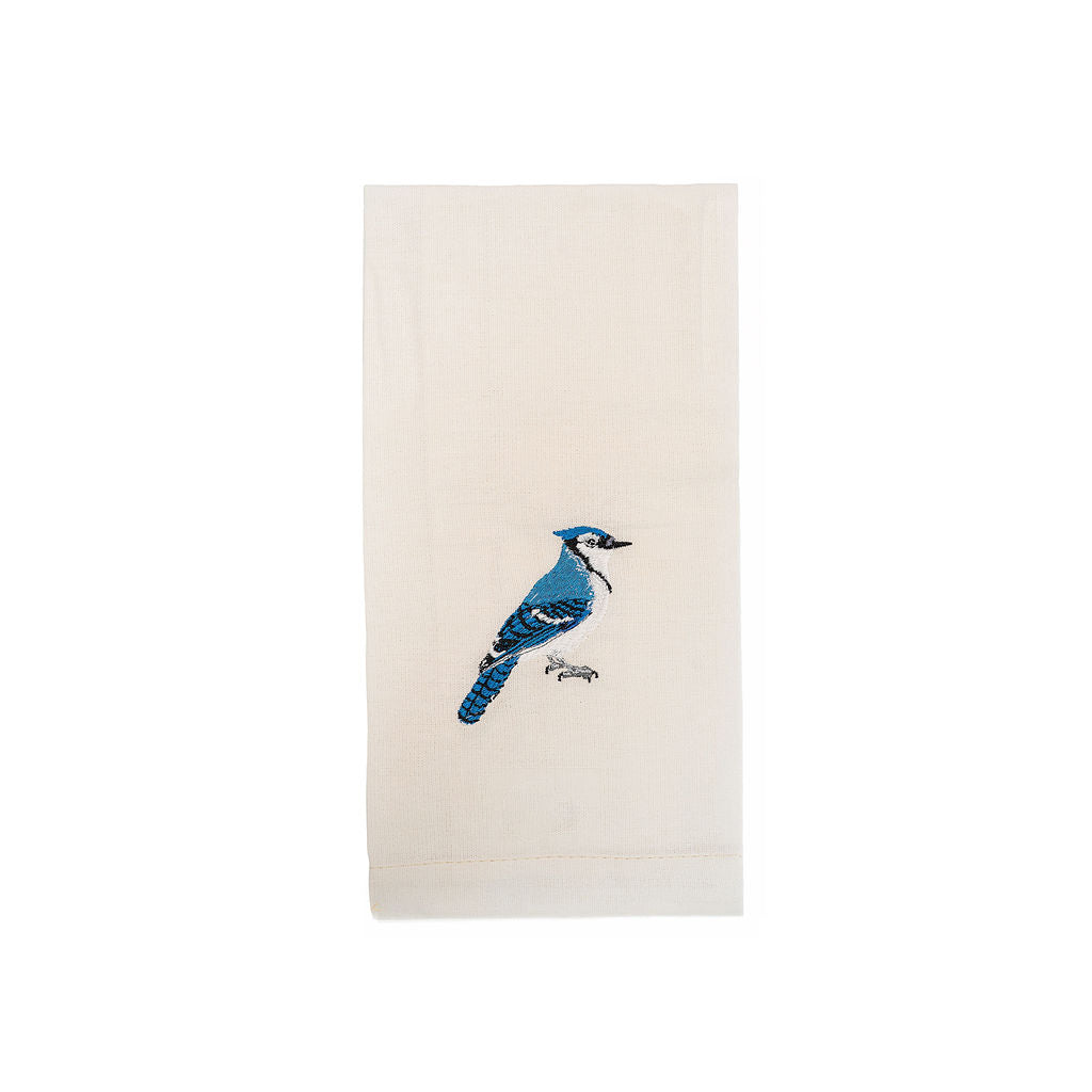 Bluejay bird embroidered cotton tea towel flat lay on white surface