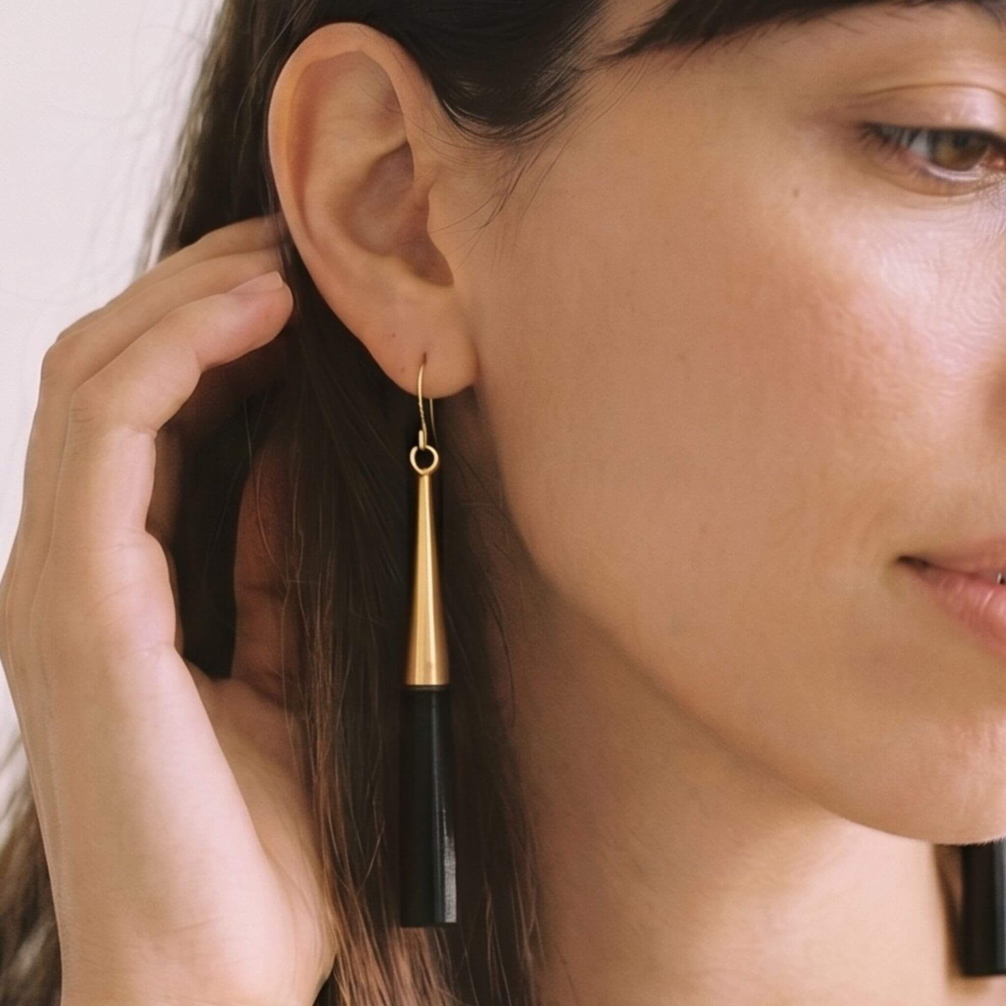 Lulu brass and black horn drop earrings flat lay — Ecodunia