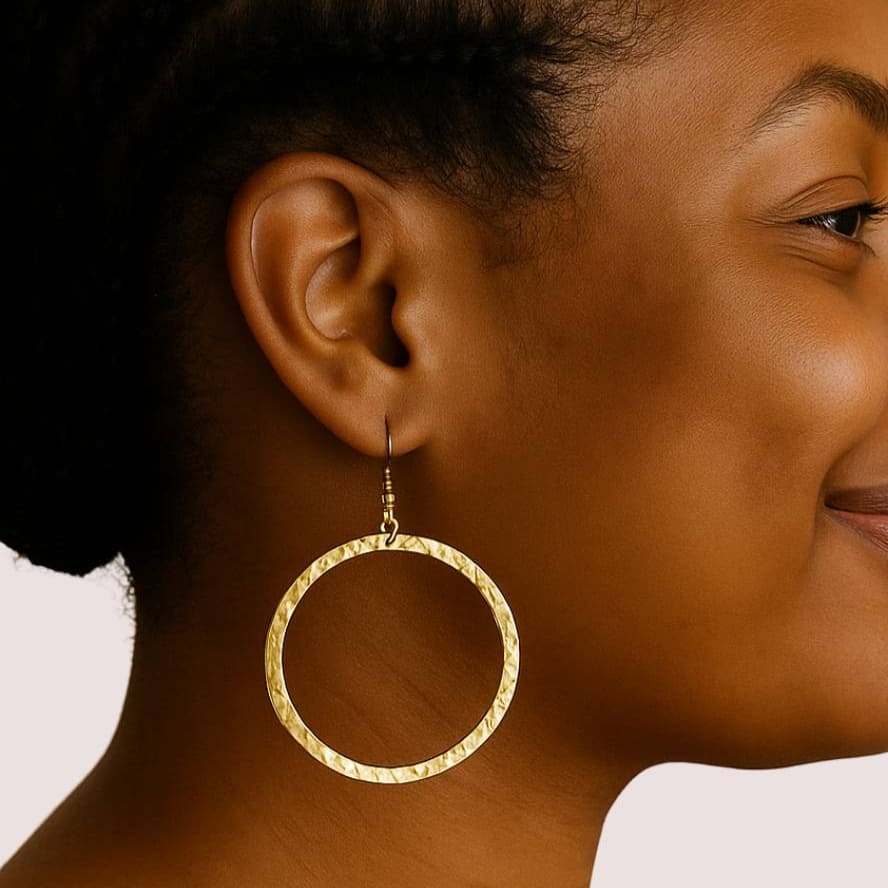 Hammered Brass Circular Drop Earrings - Sura