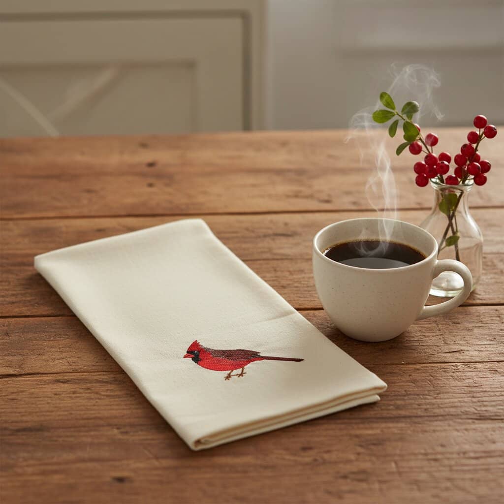 Cardinal bird embroidered cotton tea towel flat lay on white surface #birds_cardinal