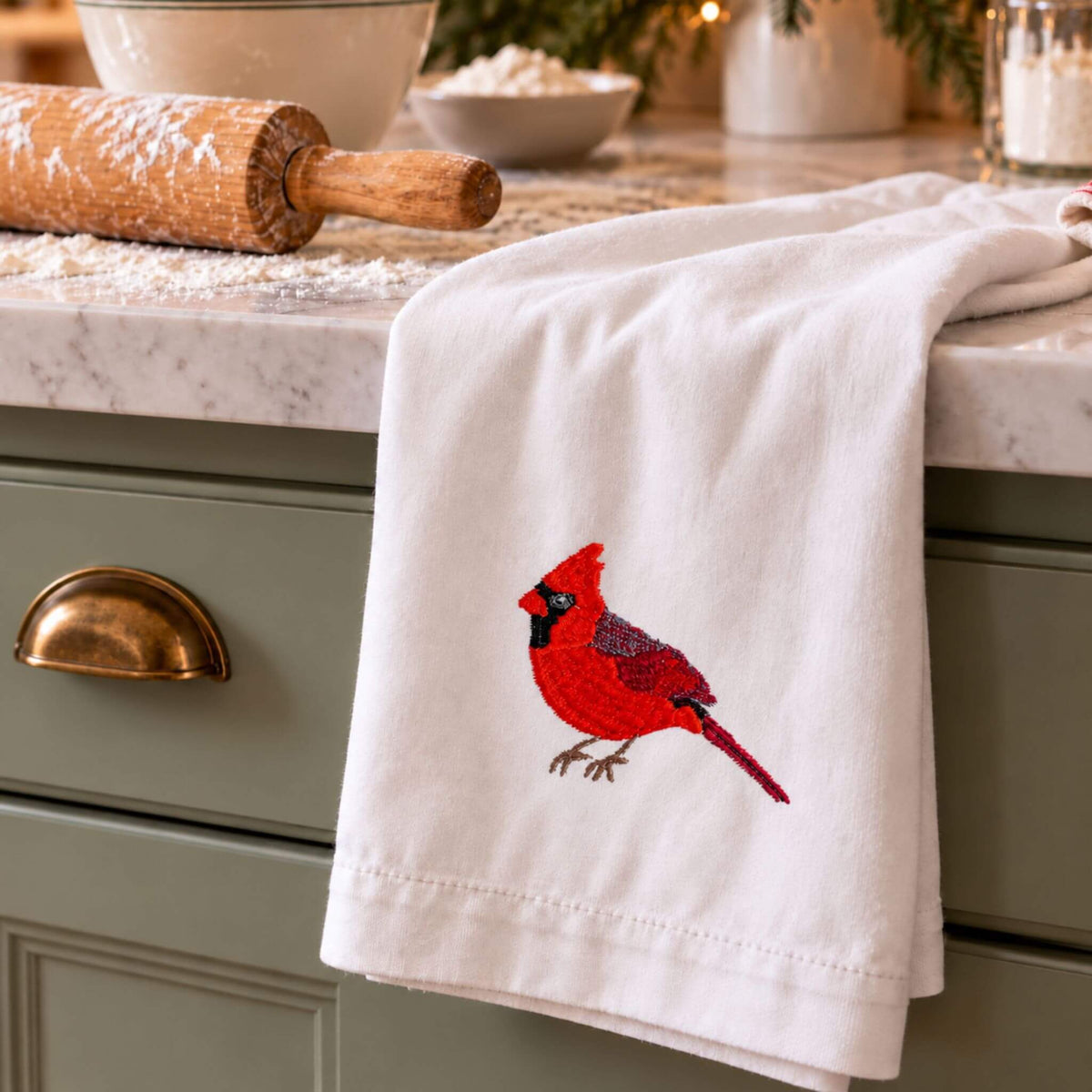 Cardinal embroidered cotton tea towel - EcoDunia