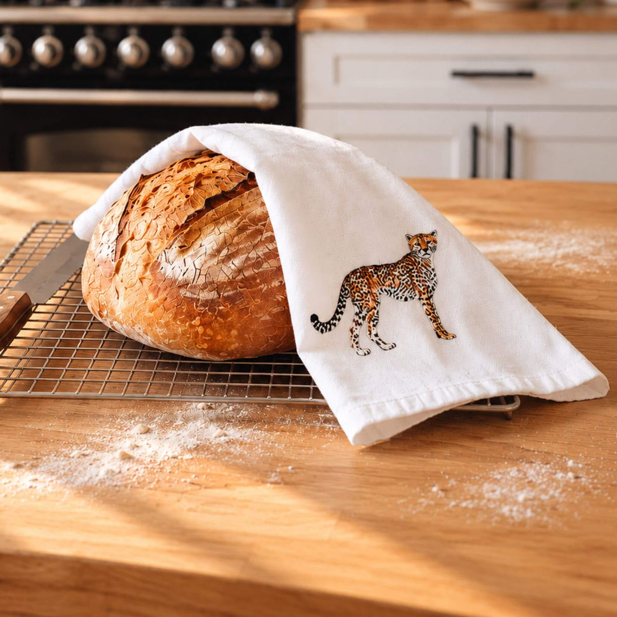 Cheetah Wildlife Embroidered Cotton Tea Towel - Handmade