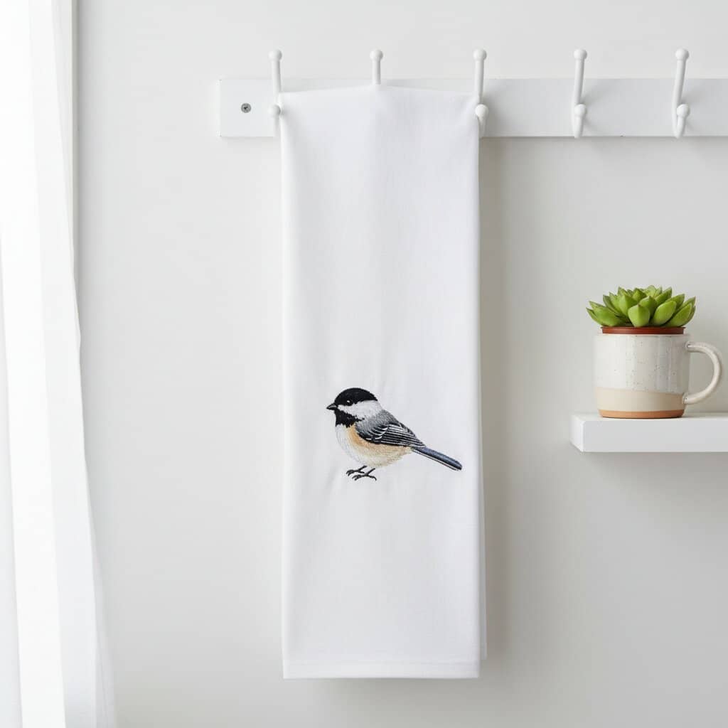 Bird embroidered cotton kitchen tea towel on white