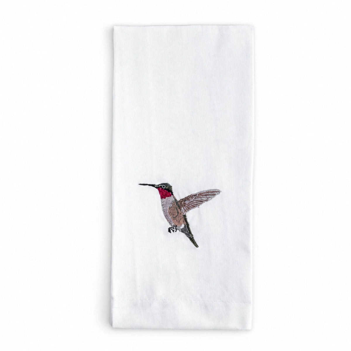 Humming bird embroidered cotton tea towel flat lay on white surface — Ecodunia