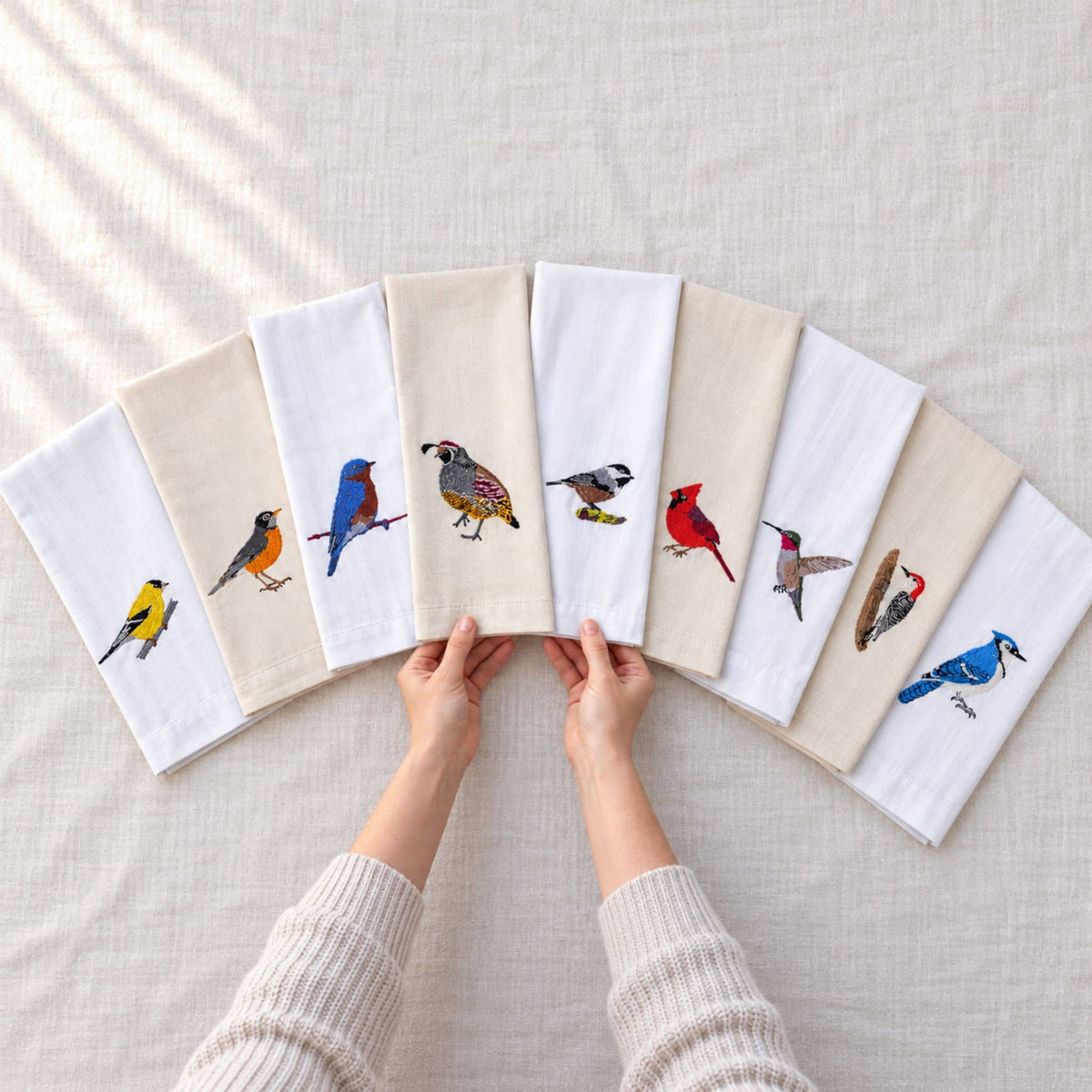 Hummingbird embroidered cotton tea towel flat lay on white surface — Ecodunia #birds_humming-bird