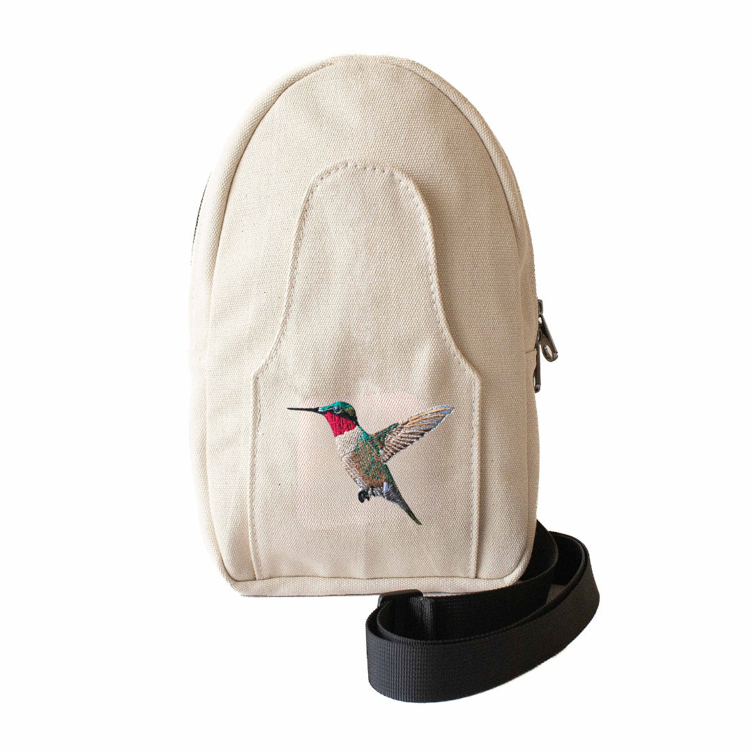 Buru hummingbird canvas crossbody sling bag worn on body
