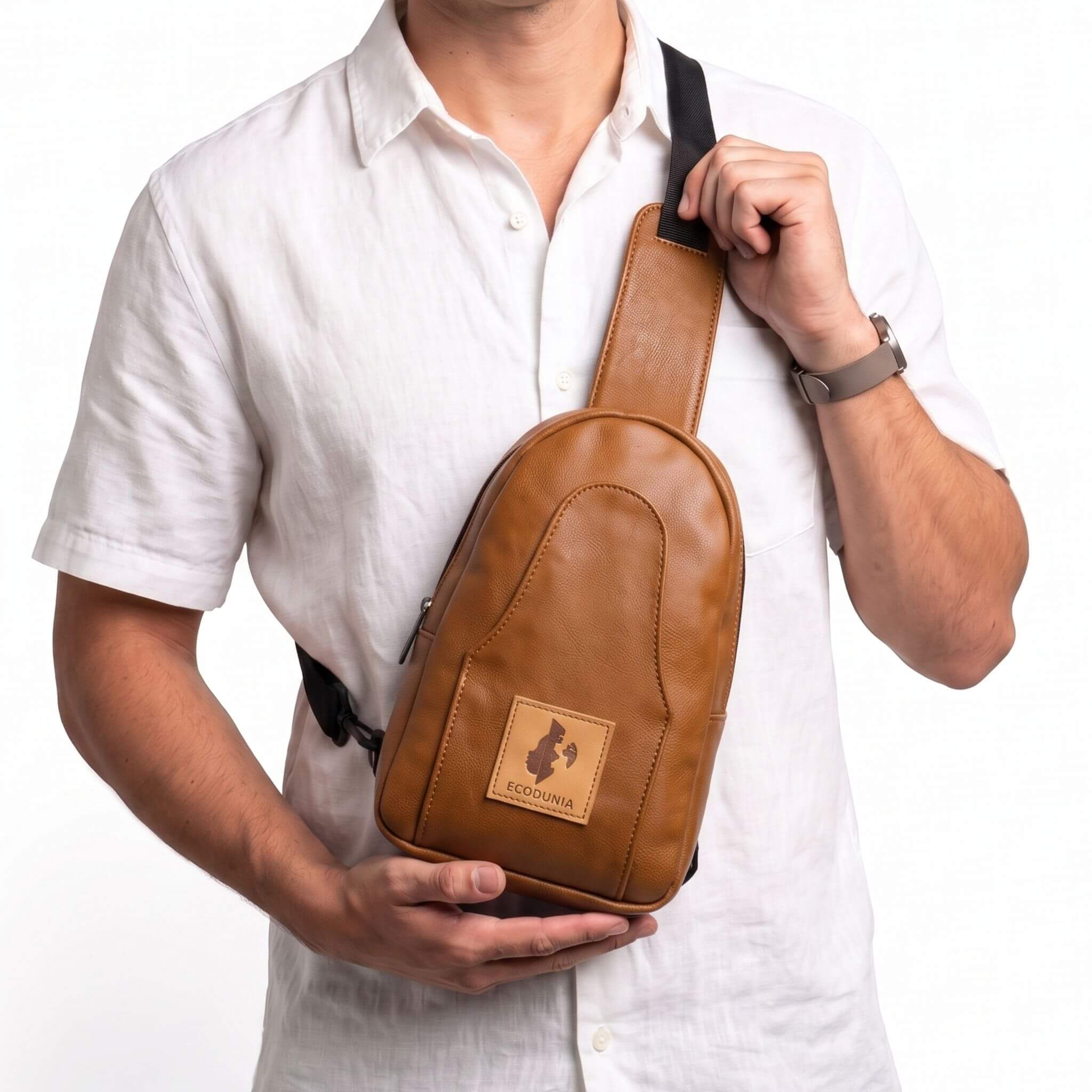 Buru dark tan vegan leather hands-free sling bag