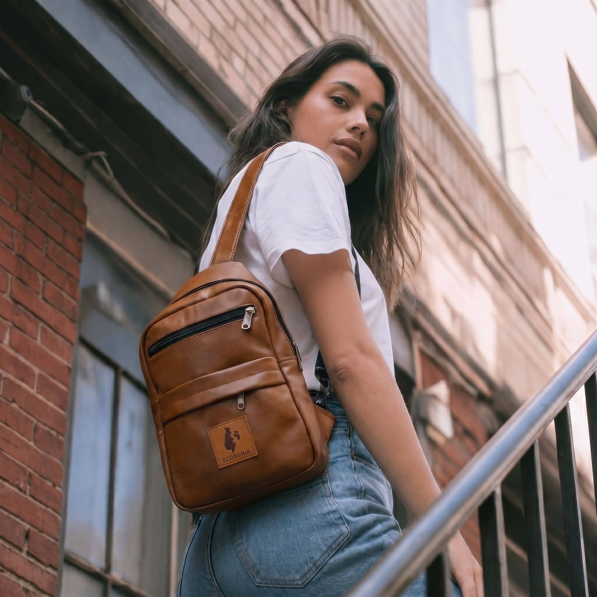 Umoja dark tan vegan leather large crossbody sling bag — Ecodunia #color_brown
