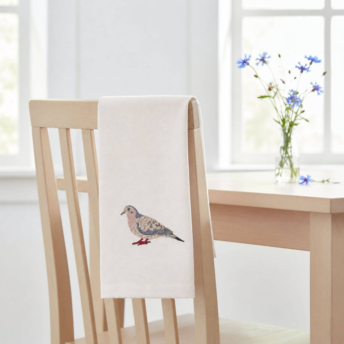 Mourning Dove bird embroidered cotton tea towel
