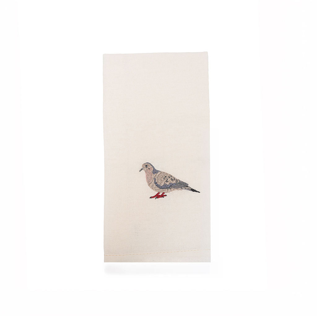 Mourning Dove bird embroidered cotton tea towel flat lay on white surface