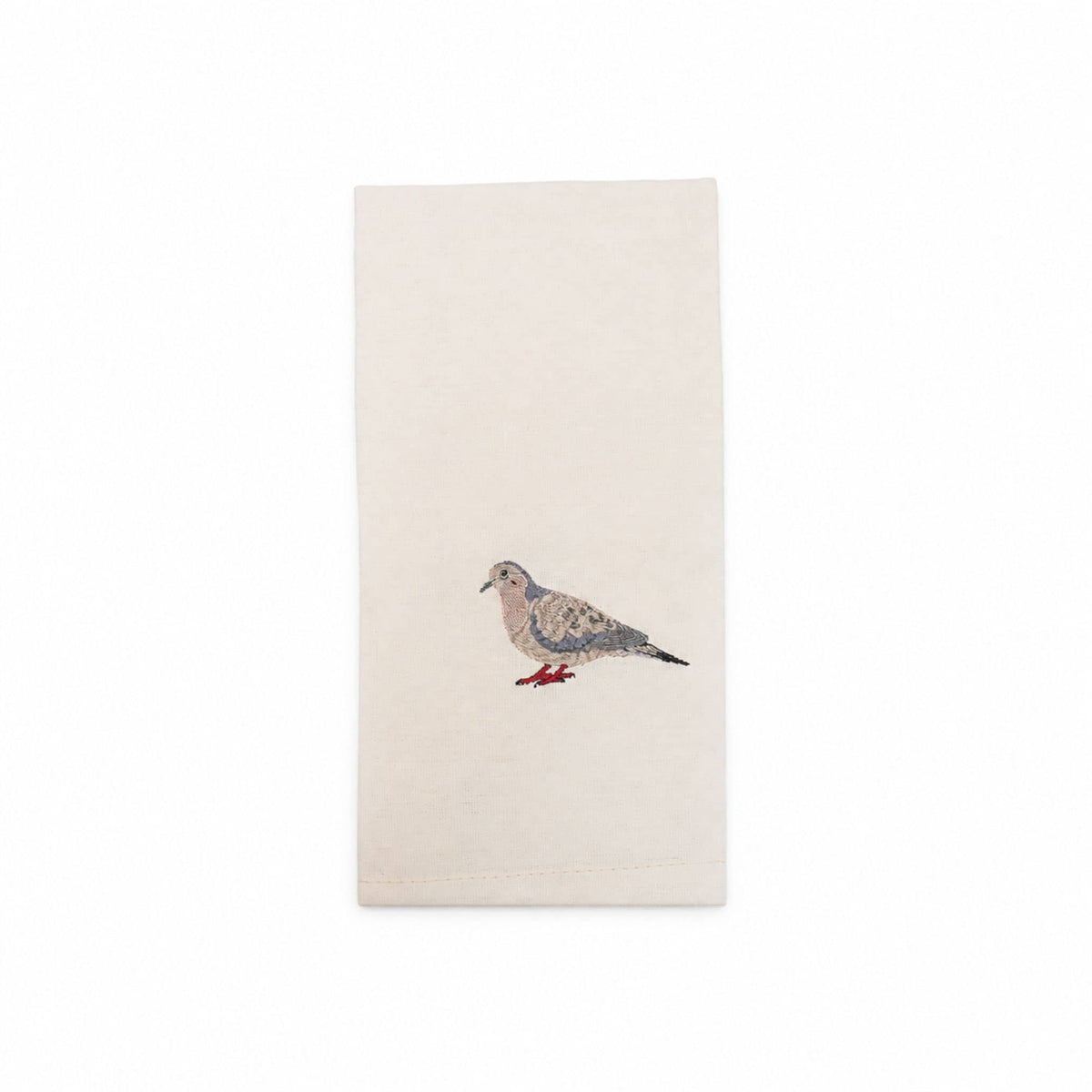 Mourning Dove bird embroidered cotton tea towel flat lay on white surface