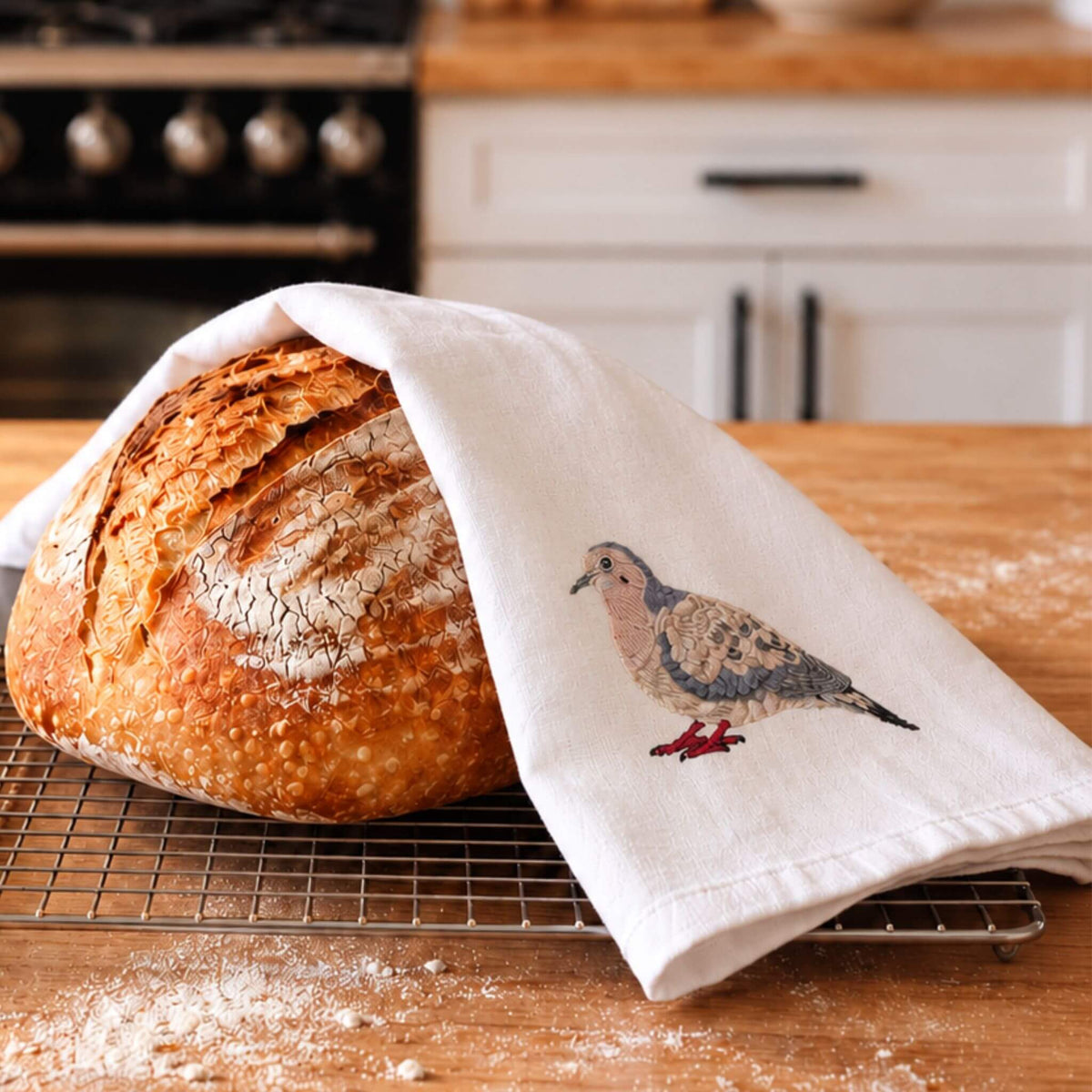 Mourning Dove Bird Embroidered Cotton Tea Towel EcoDunia
