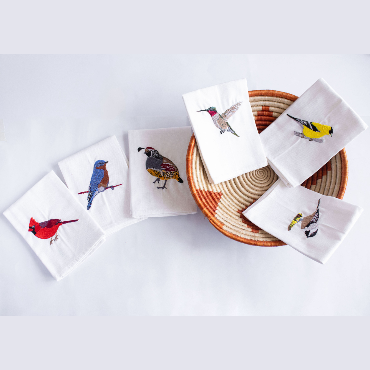 Bird Embroidered Cotton Cloth Napkins - Handmade Set