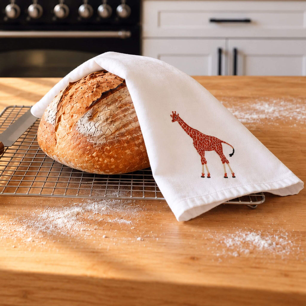 Giraffe Wildlife Embroidered Cotton Tea Towel - Handmade