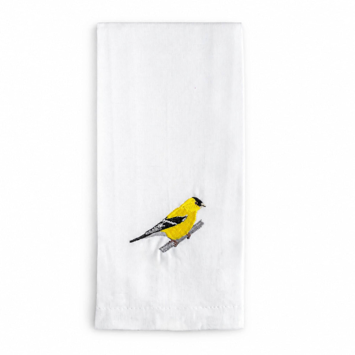 Goldfinch Bird embroidered cotton kitchen tea towel detail