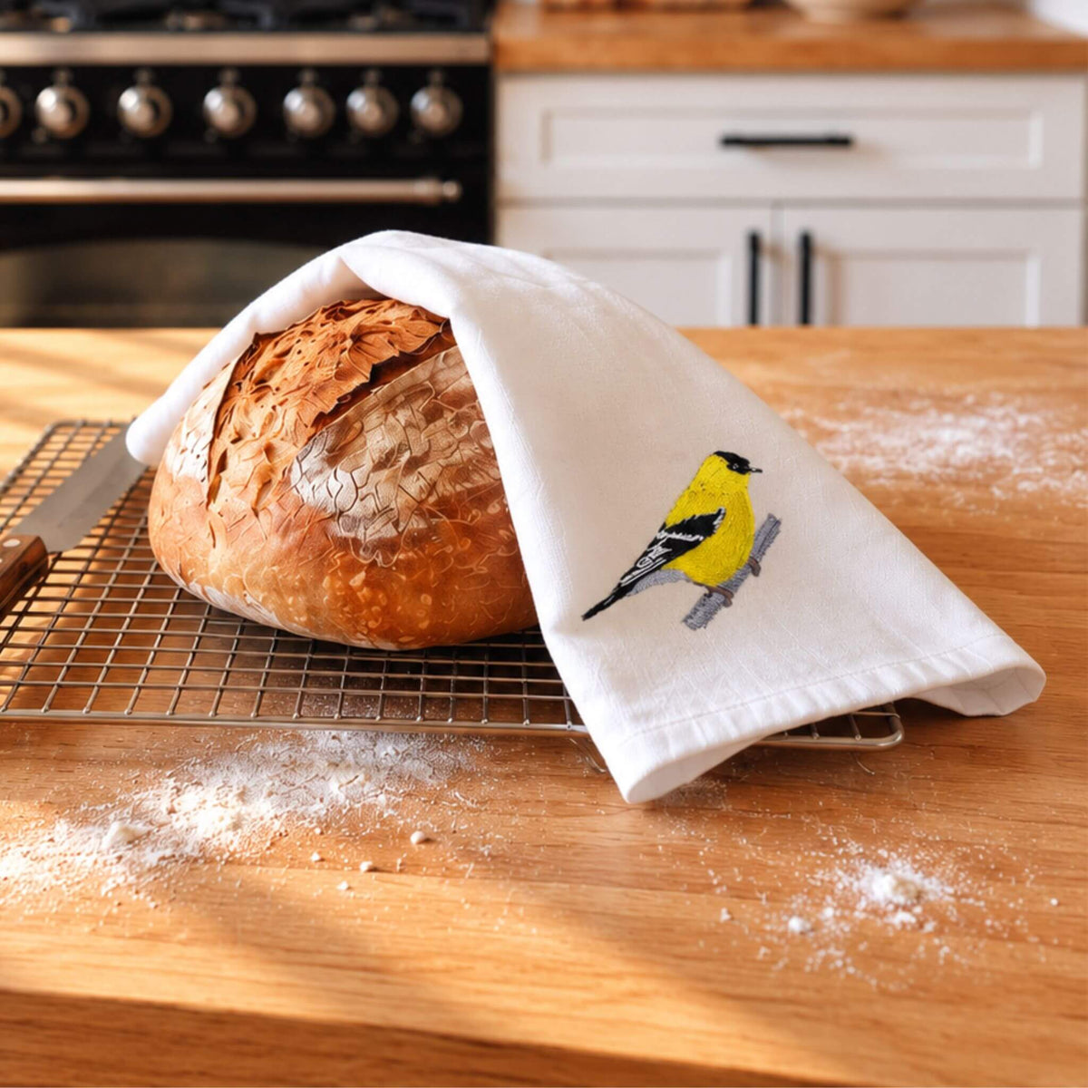 Goldfinch Bird Embroidered Cotton Kitchen Tea Towel EcoDunia