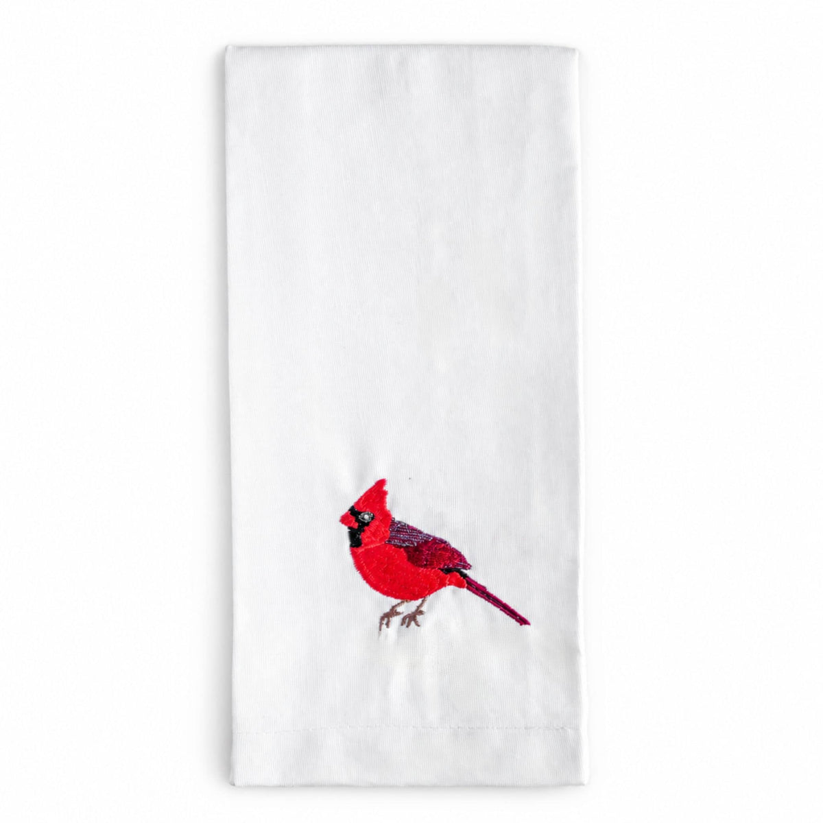 Blue Bird embroidered cotton tea towel flat lay on white surface