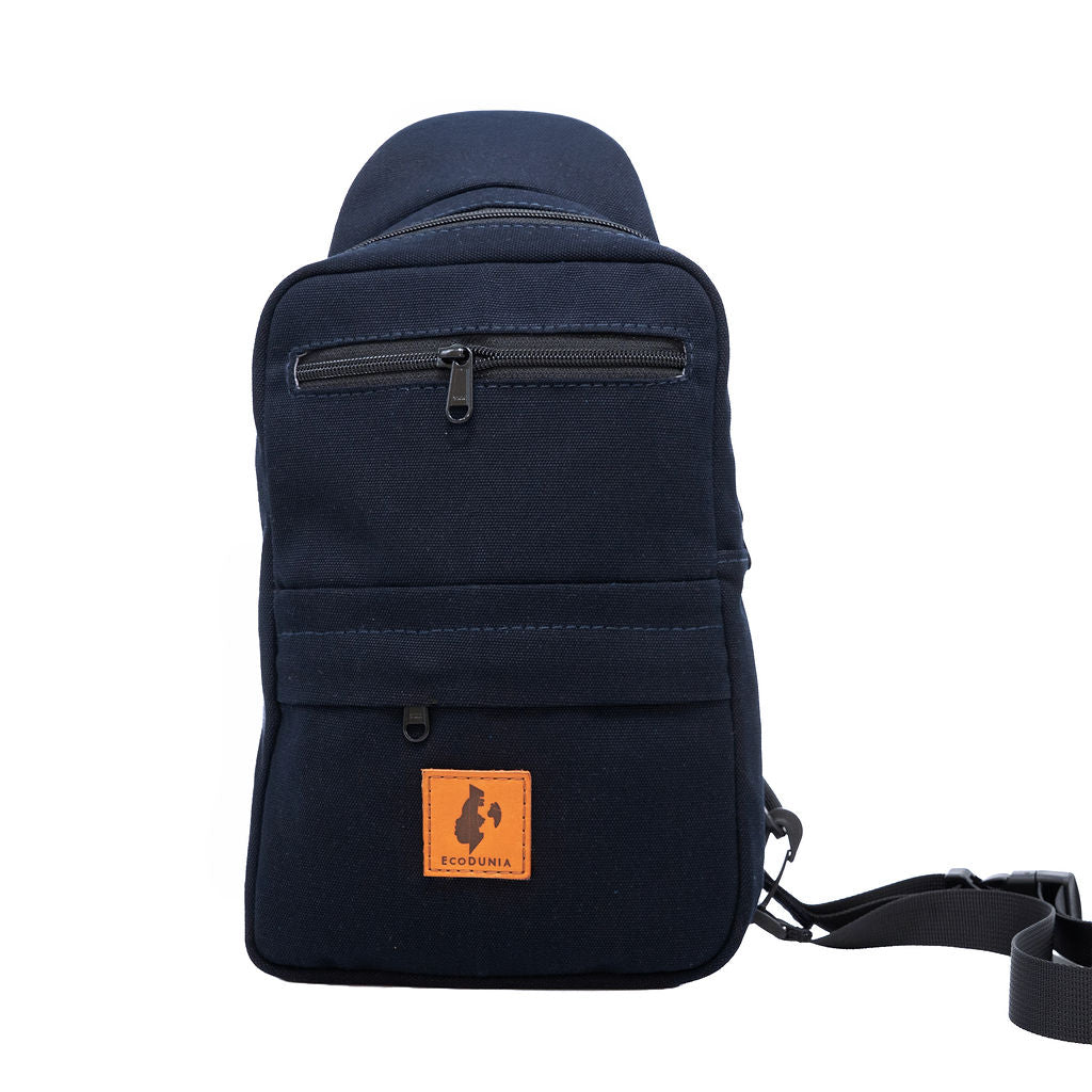 Umoja navy blue canvas sling bag flat lay