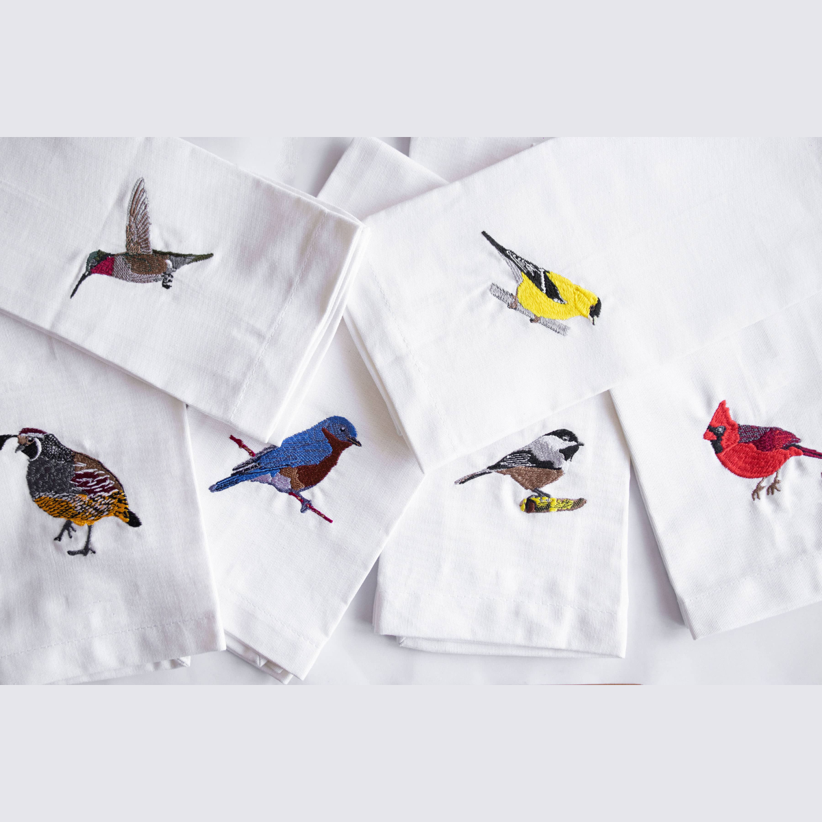Goldfinch Bird embroidered cotton kitchen tea towel detail