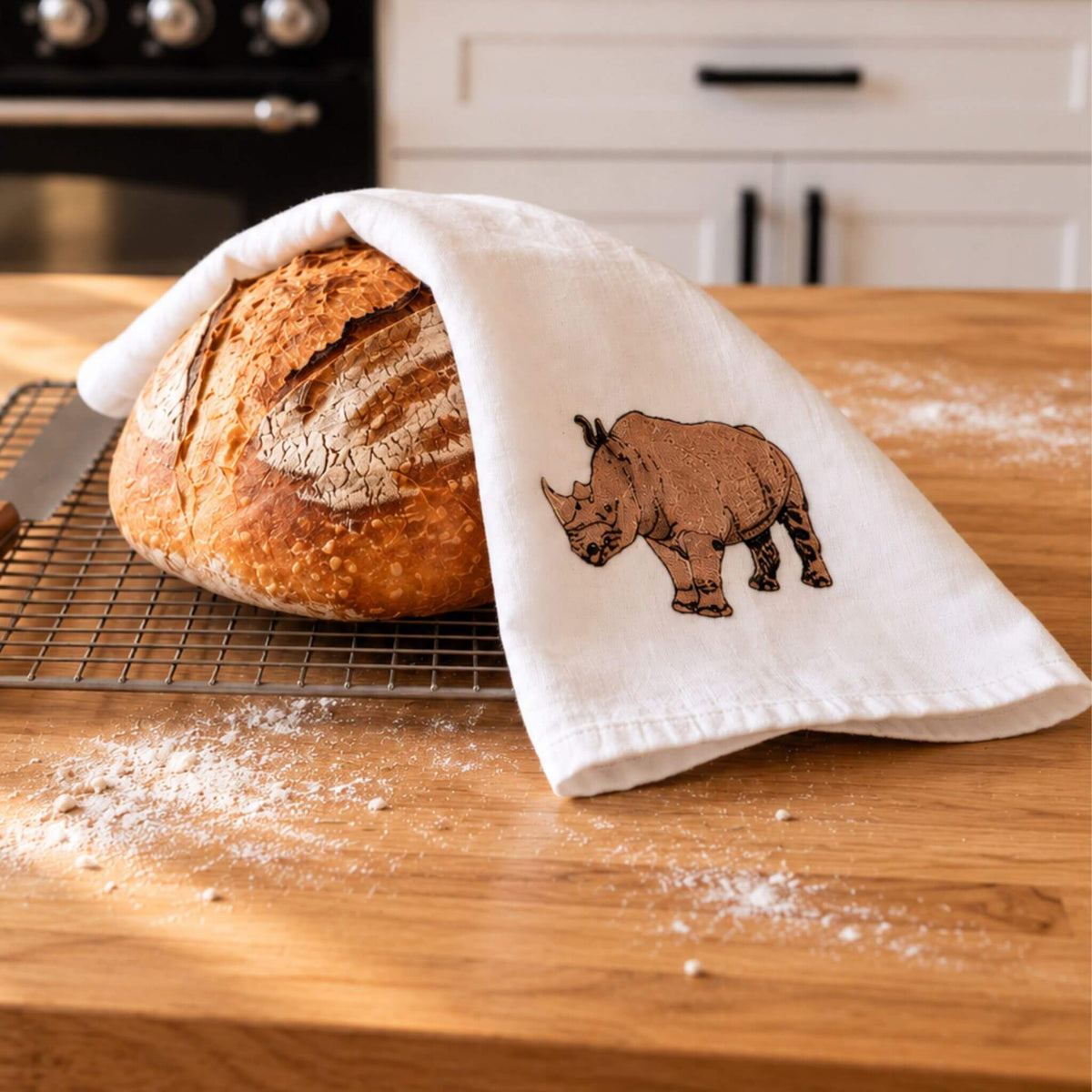 Rhino Wildlife Embroidered Cotton Tea Towel - Handmade