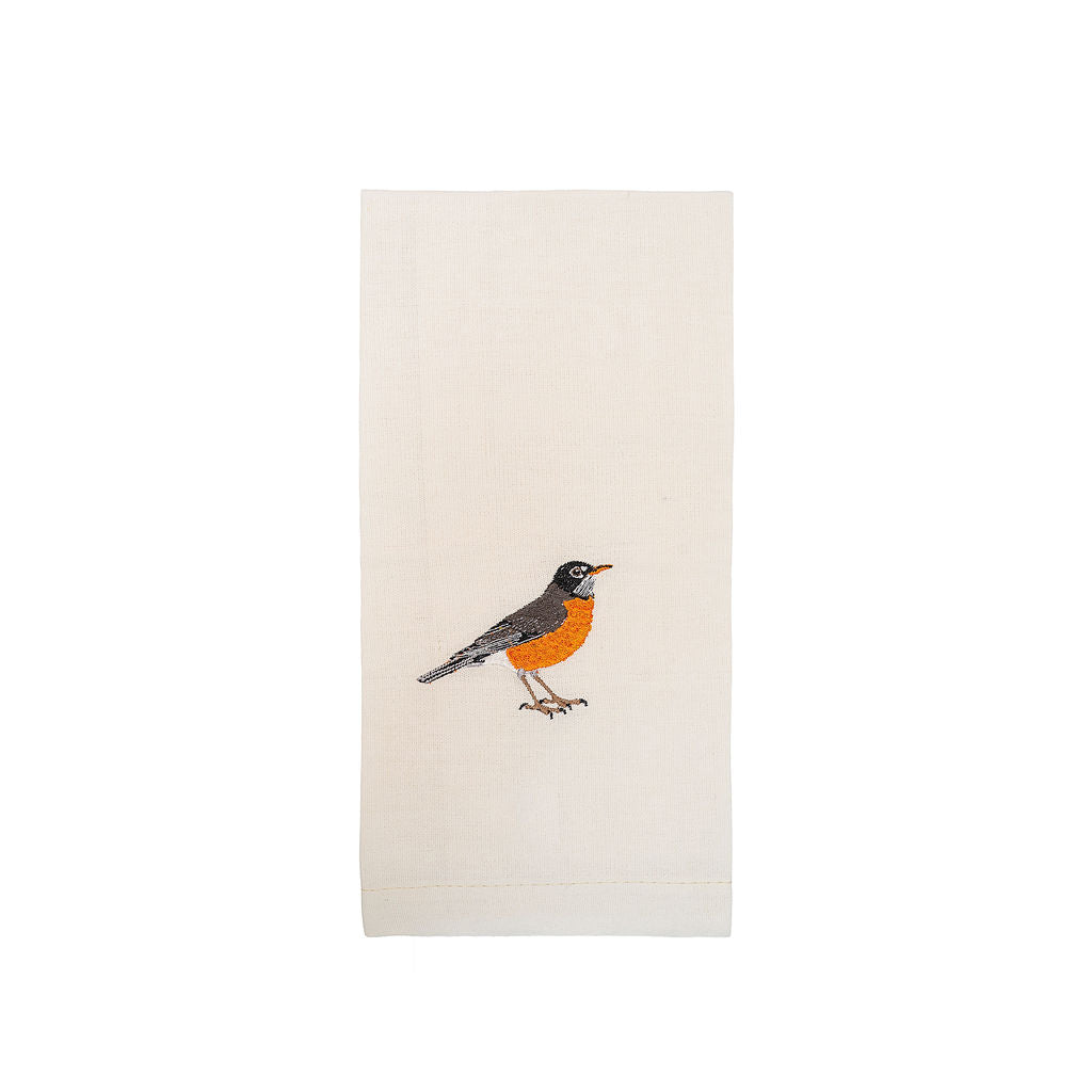 Robin bird embroidered cotton tea towel flat lay on white surface