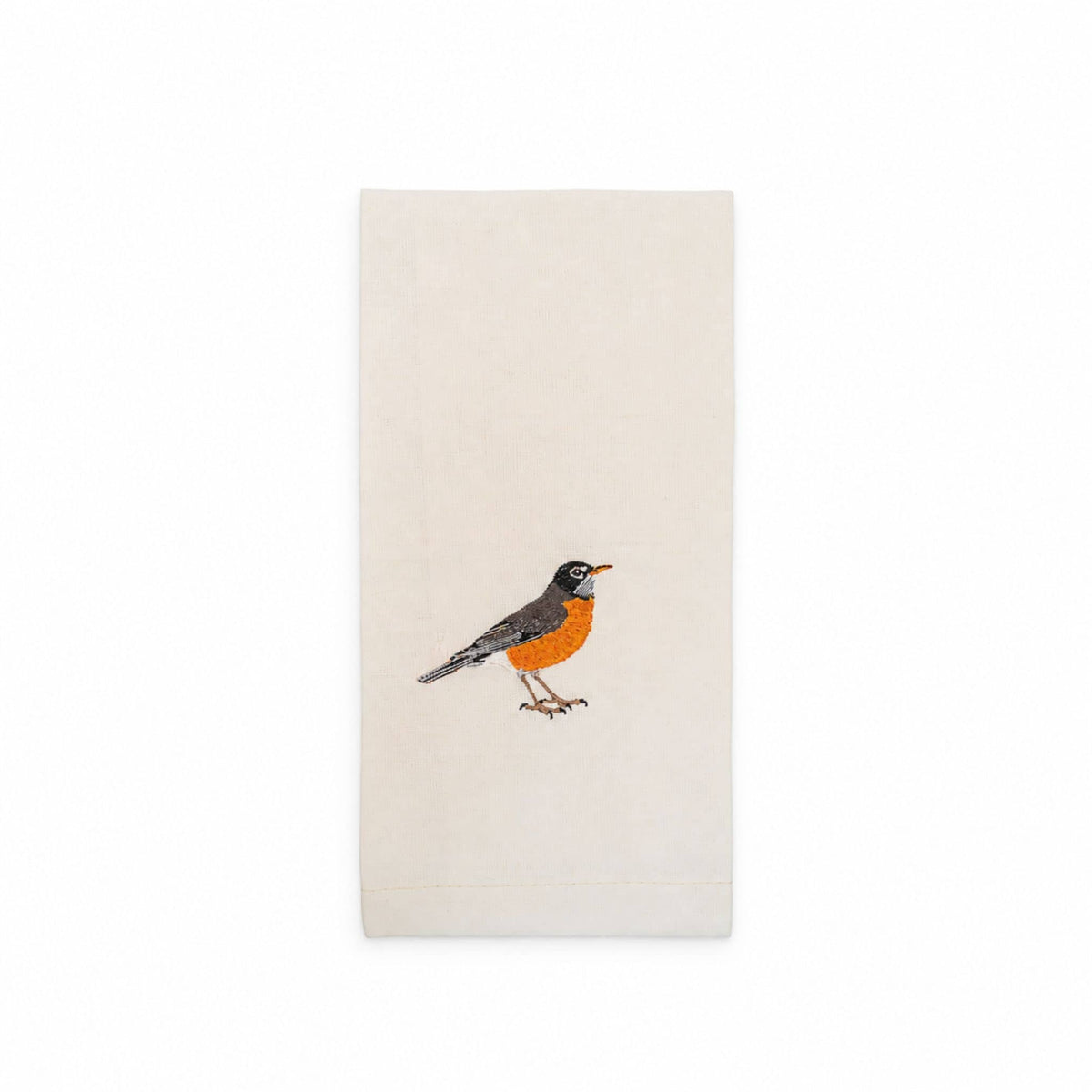 Robin bird embroidered cotton tea towel flat lay on white surface