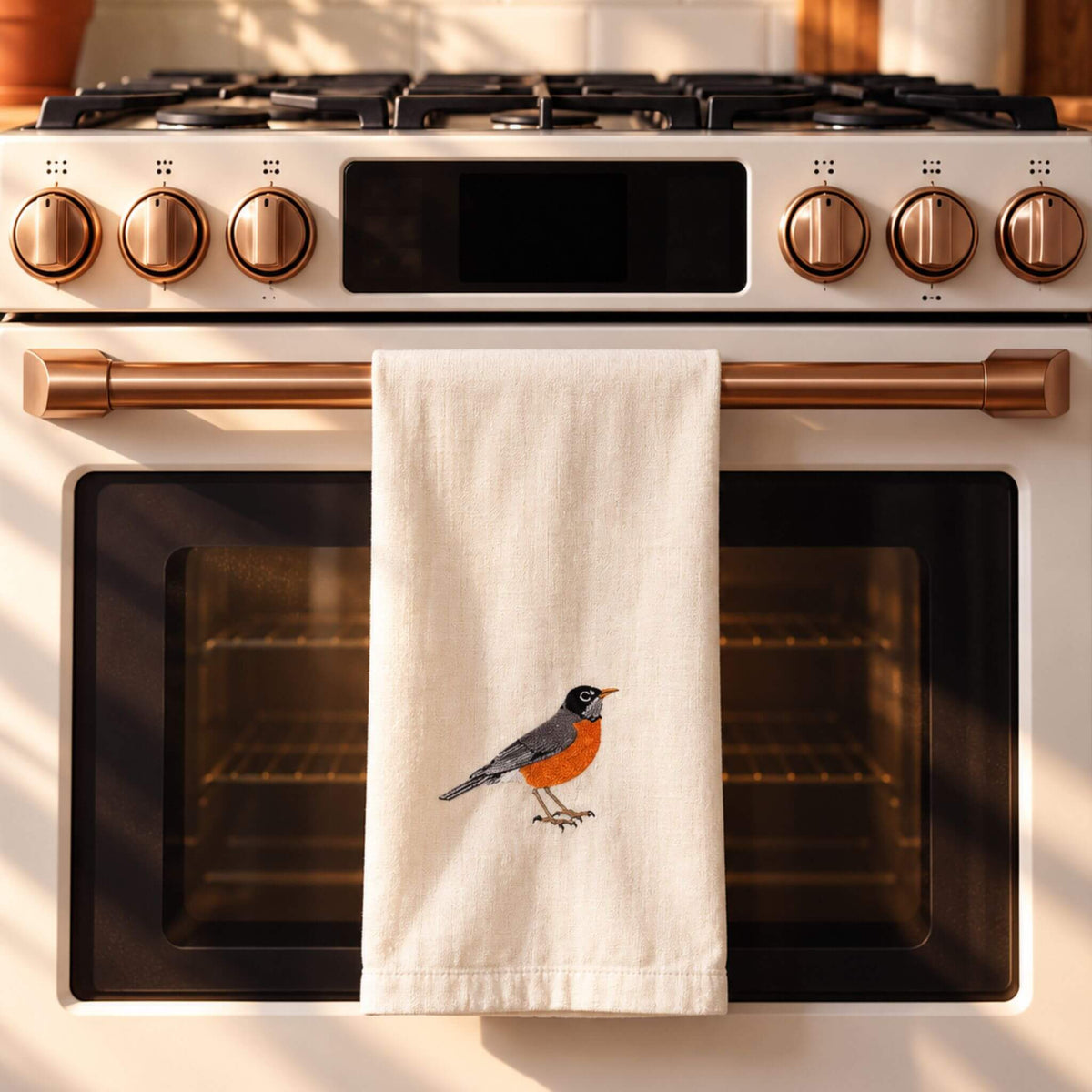 Robin Bird Embroidered Cotton Tea Towel EcoDunia