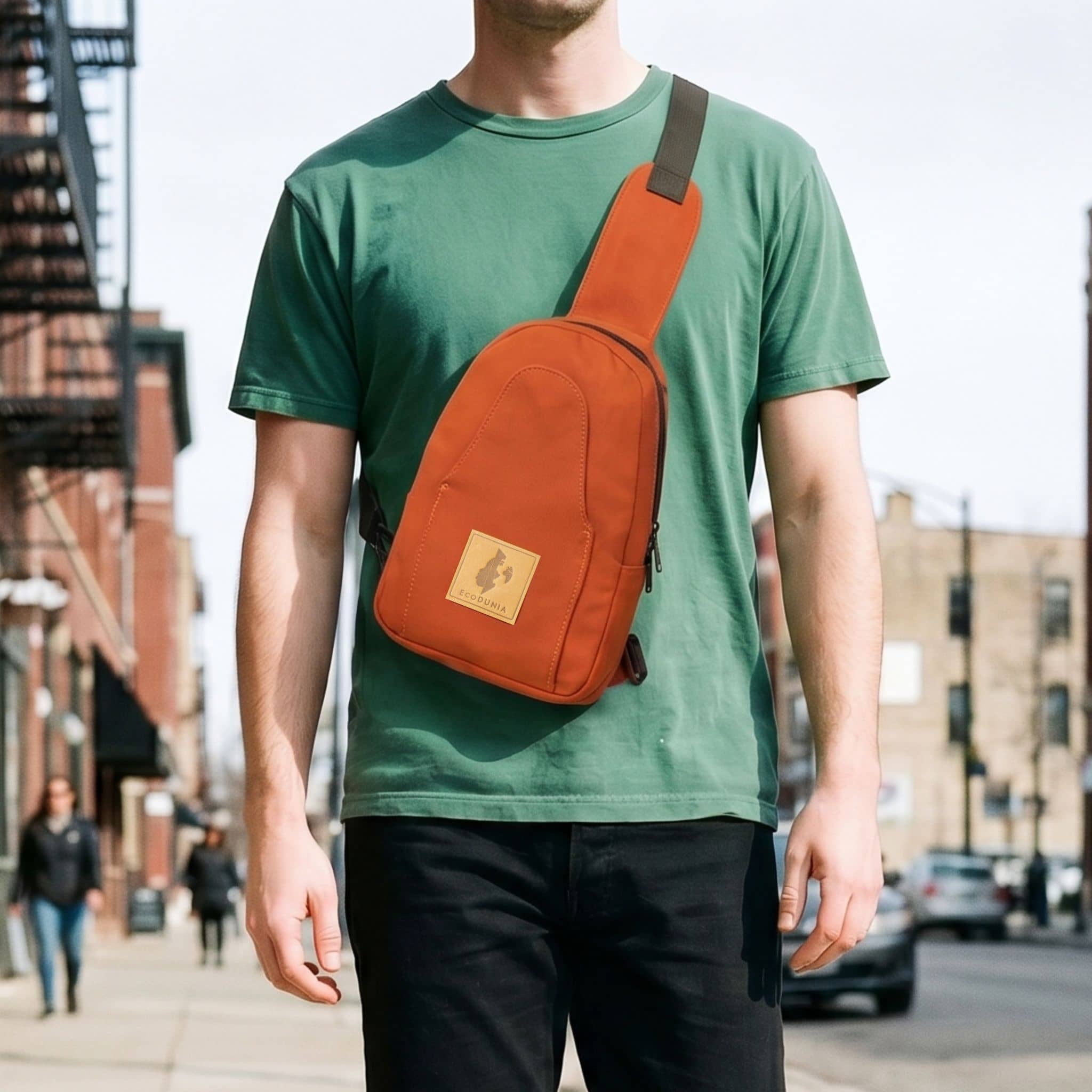 Buru canvas sling bag in rust — sustainable handmade crossbody
