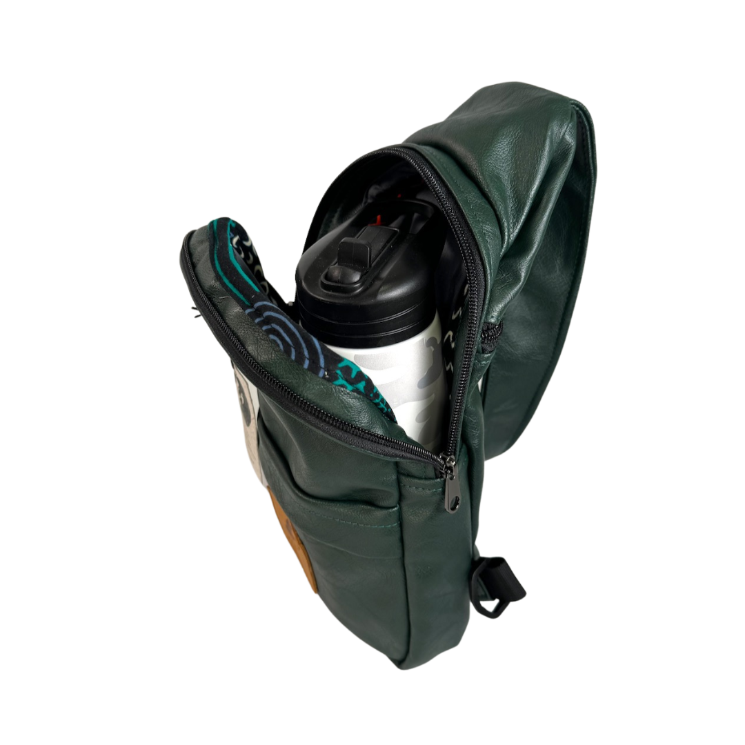 Umoja forest green vegan leather sling bag hiking