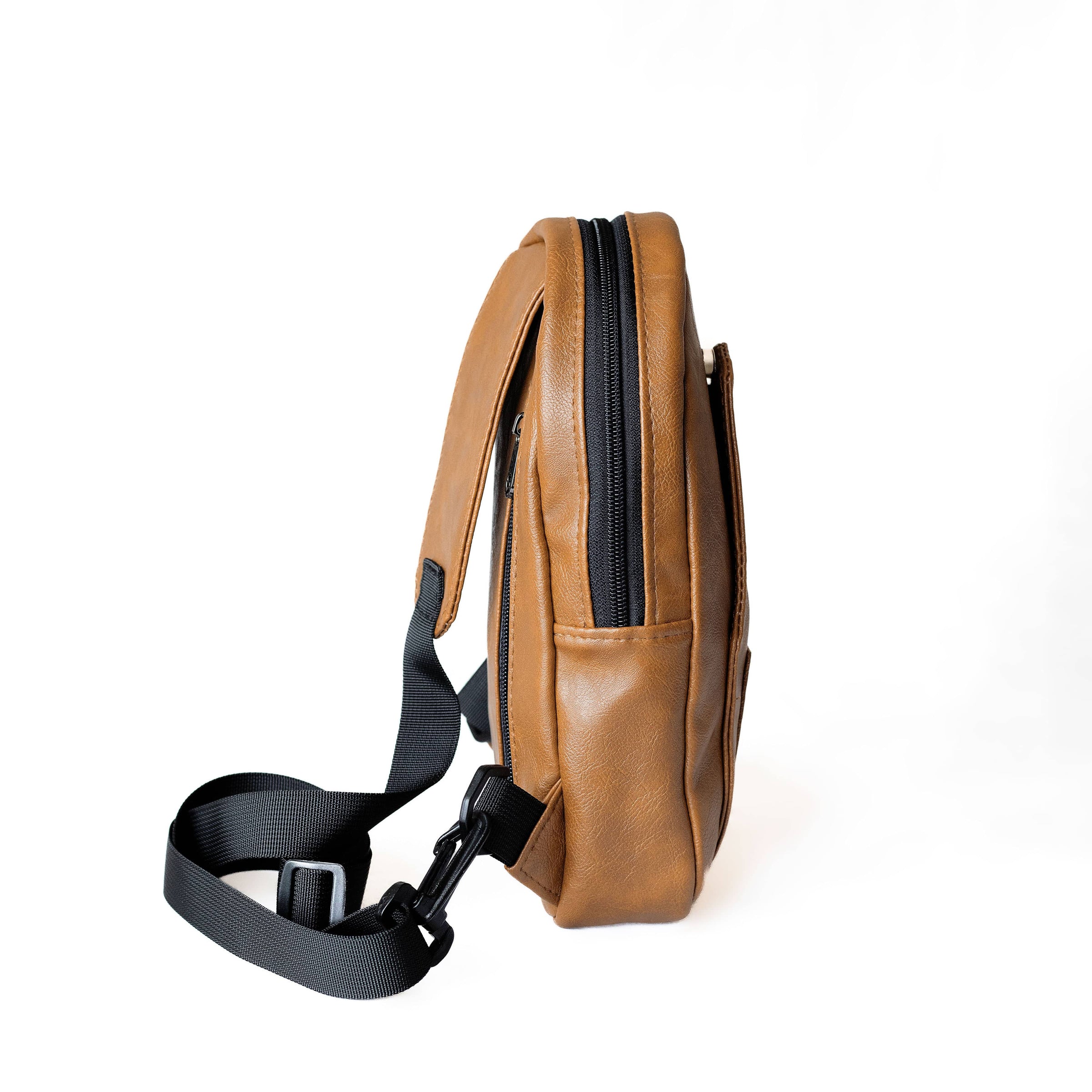 Buru dark tan vegan leather hands-free sling bag #color_brown
