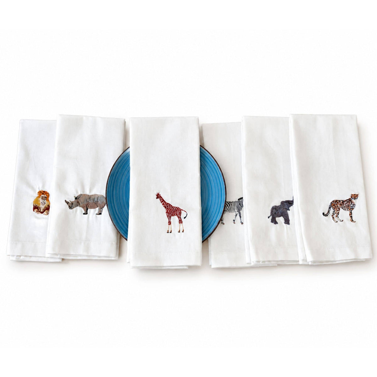 African Wildlife Embroidered Cotton Tea Towel - Handmade 