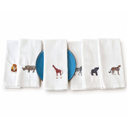 African Wildlife Embroidered Cotton Tea Towel - Handmade 