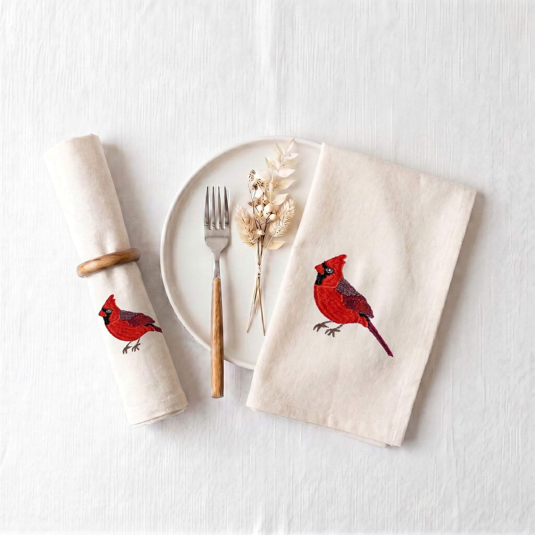 Bird Embroidered Cotton Cloth Napkins - Handmade Set 