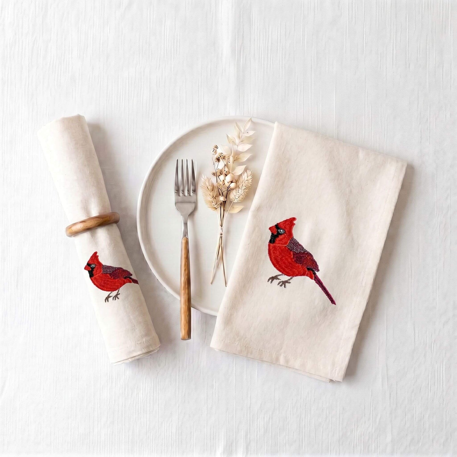 Bird Embroidered Cotton Cloth Napkins - Handmade Set 