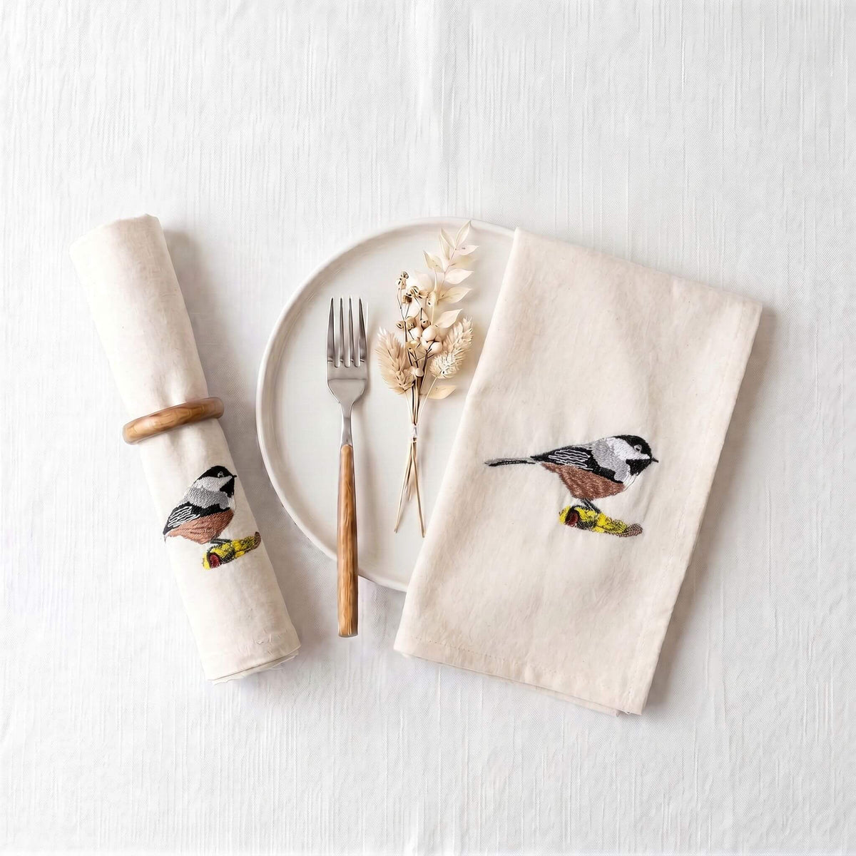 Bird Embroidered Cotton Cloth Napkins - Handmade Set #birds_chickadee