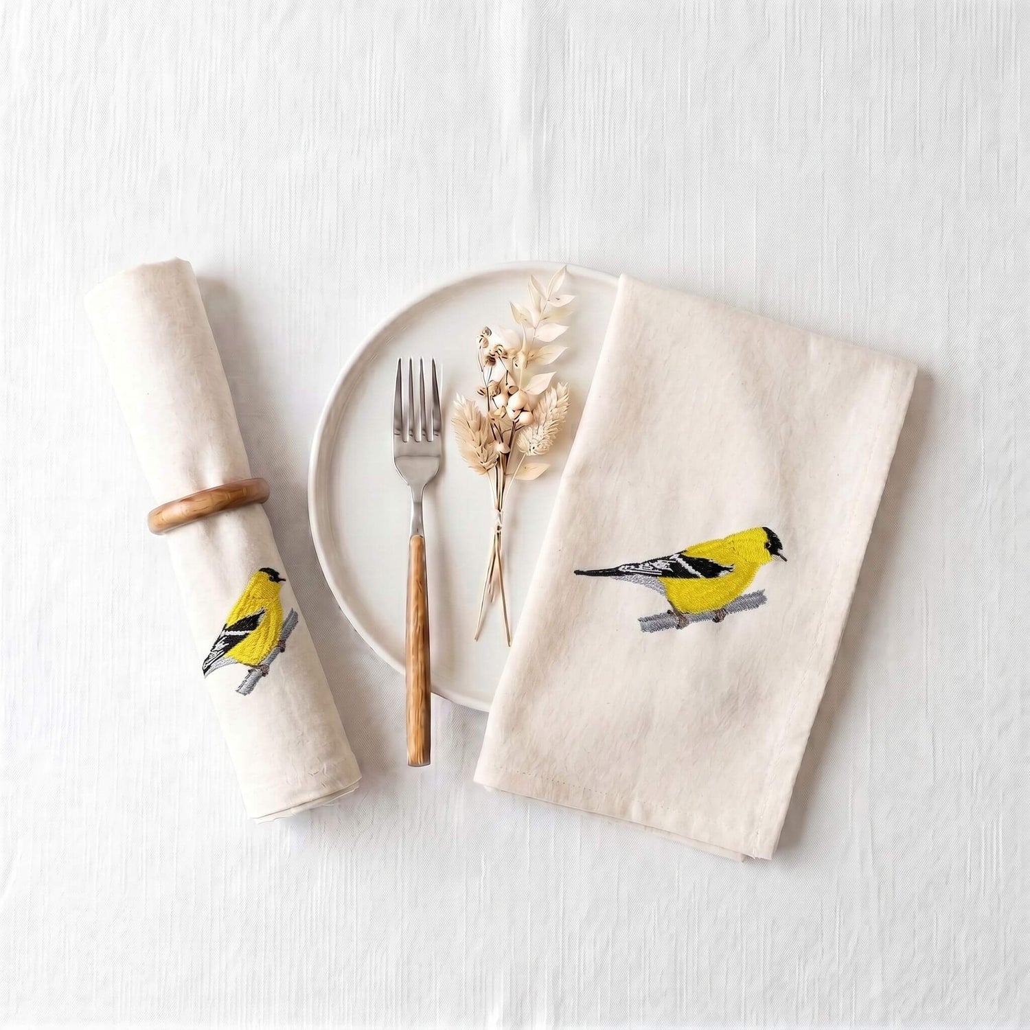 Bird Embroidered Cotton Cloth Napkins - Handmade Set 