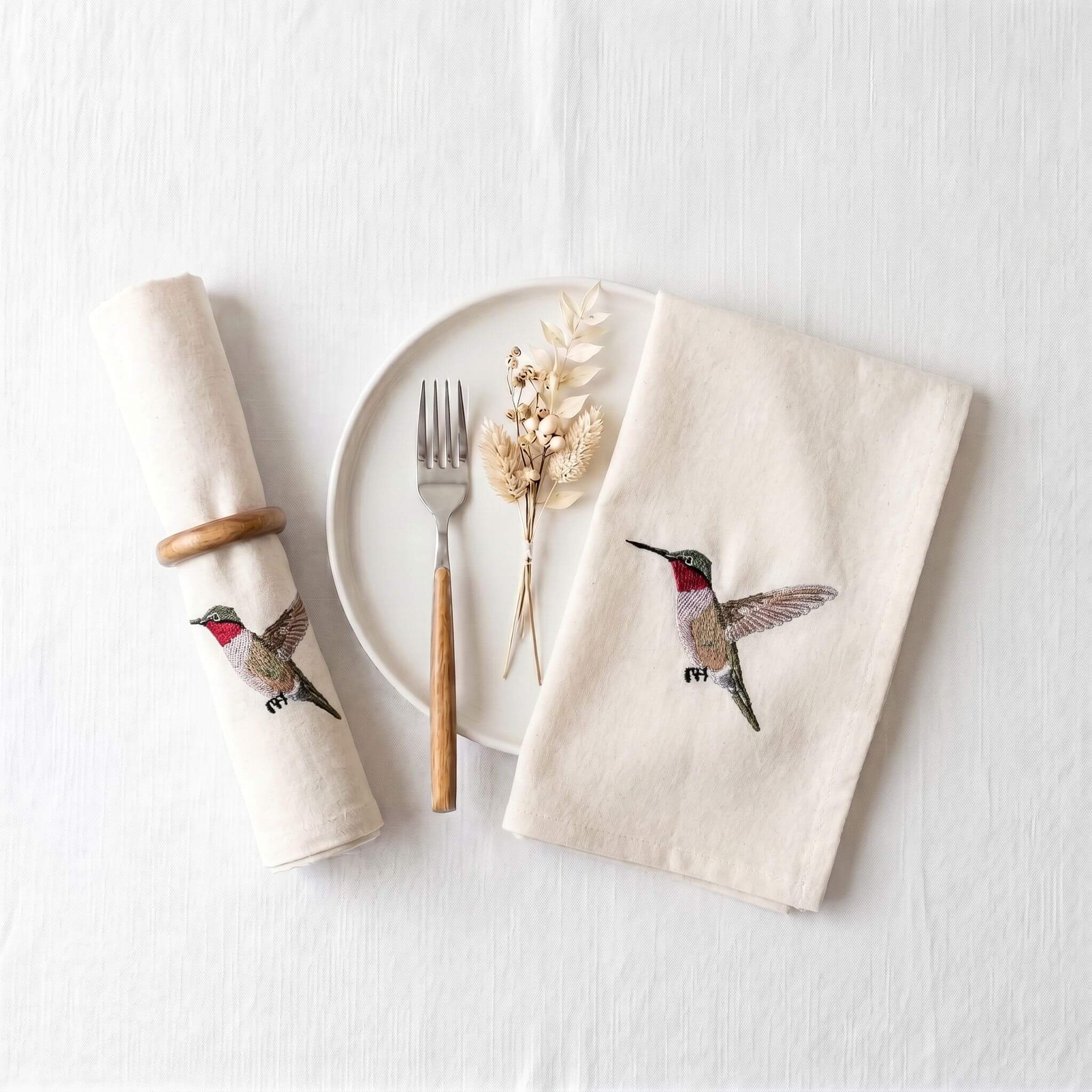 Bird Embroidered Cotton Cloth Napkins - Handmade Set 