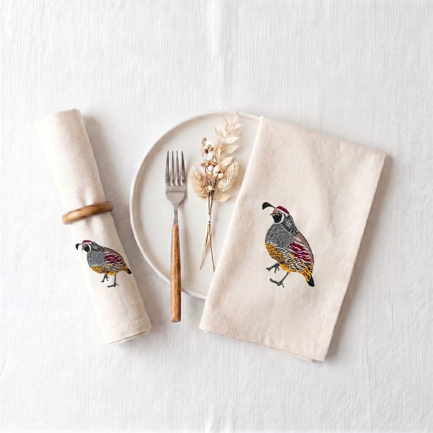 Bird Embroidered Cotton Cloth Napkins - Handmade Set 