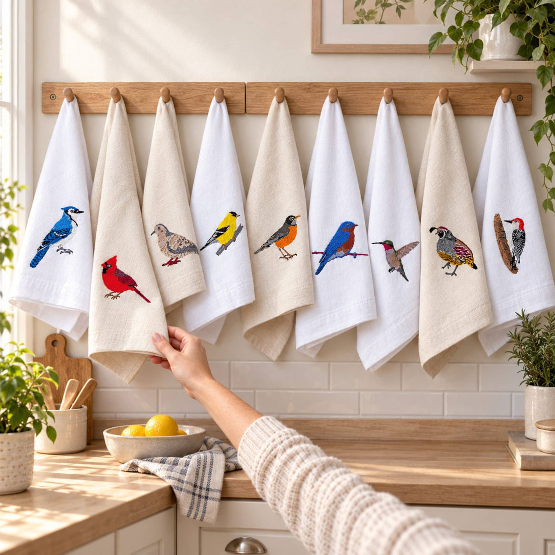 Birds embroidered cotton tea towel flat lay on white surface 