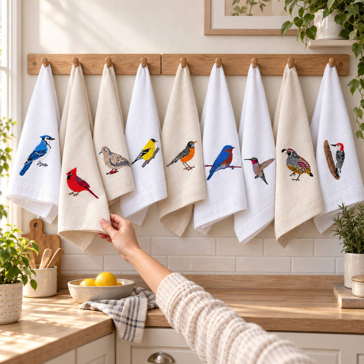 Blue Bird embroidered cotton tea towel flat lay on white surface 