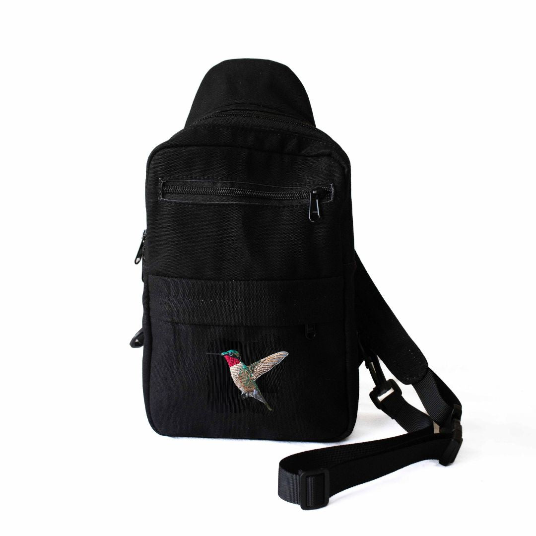 Umoja hummingbird embroidered black canvas sling bag — Ecodunia 