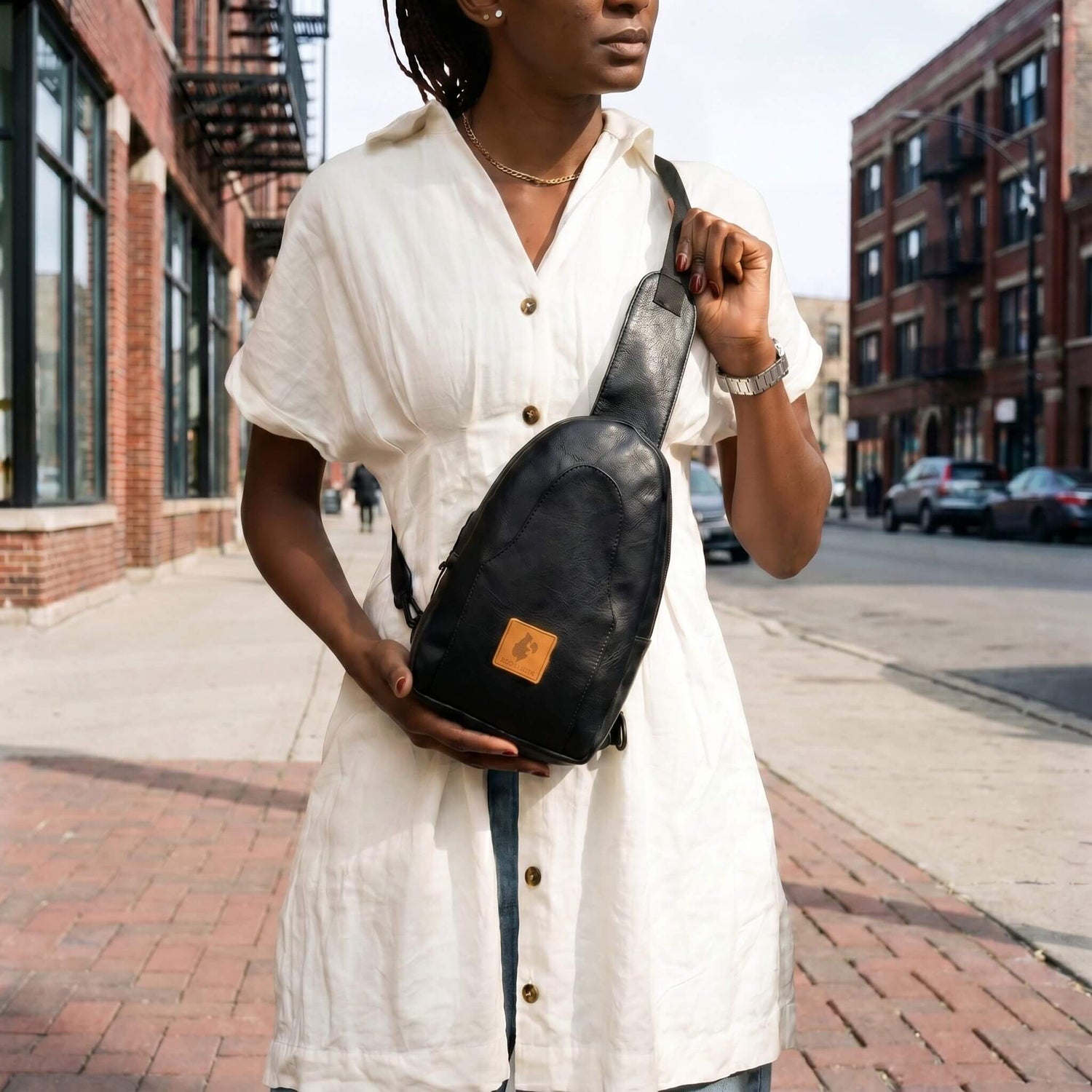 Buru black vegan leather crossbody sling bag 