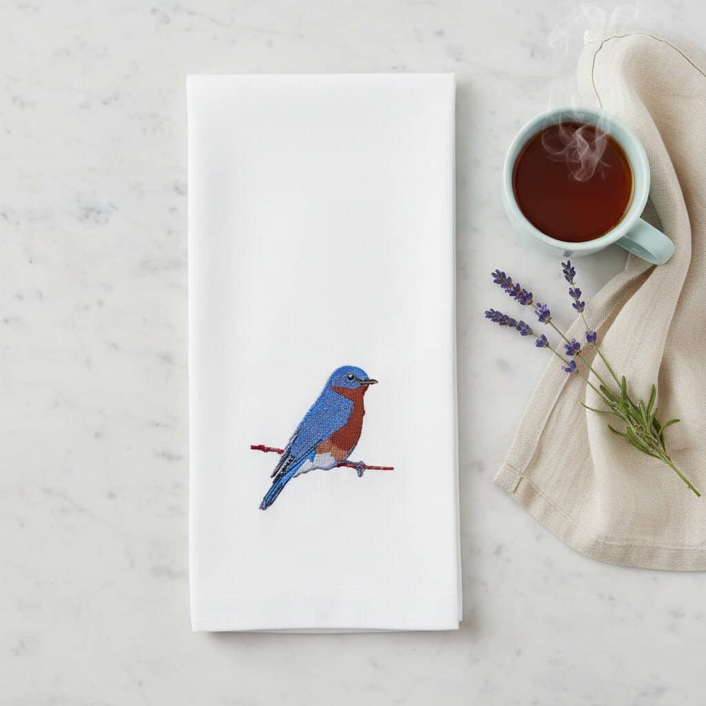 Blue Bird embroidered cotton kitchen tea towel 