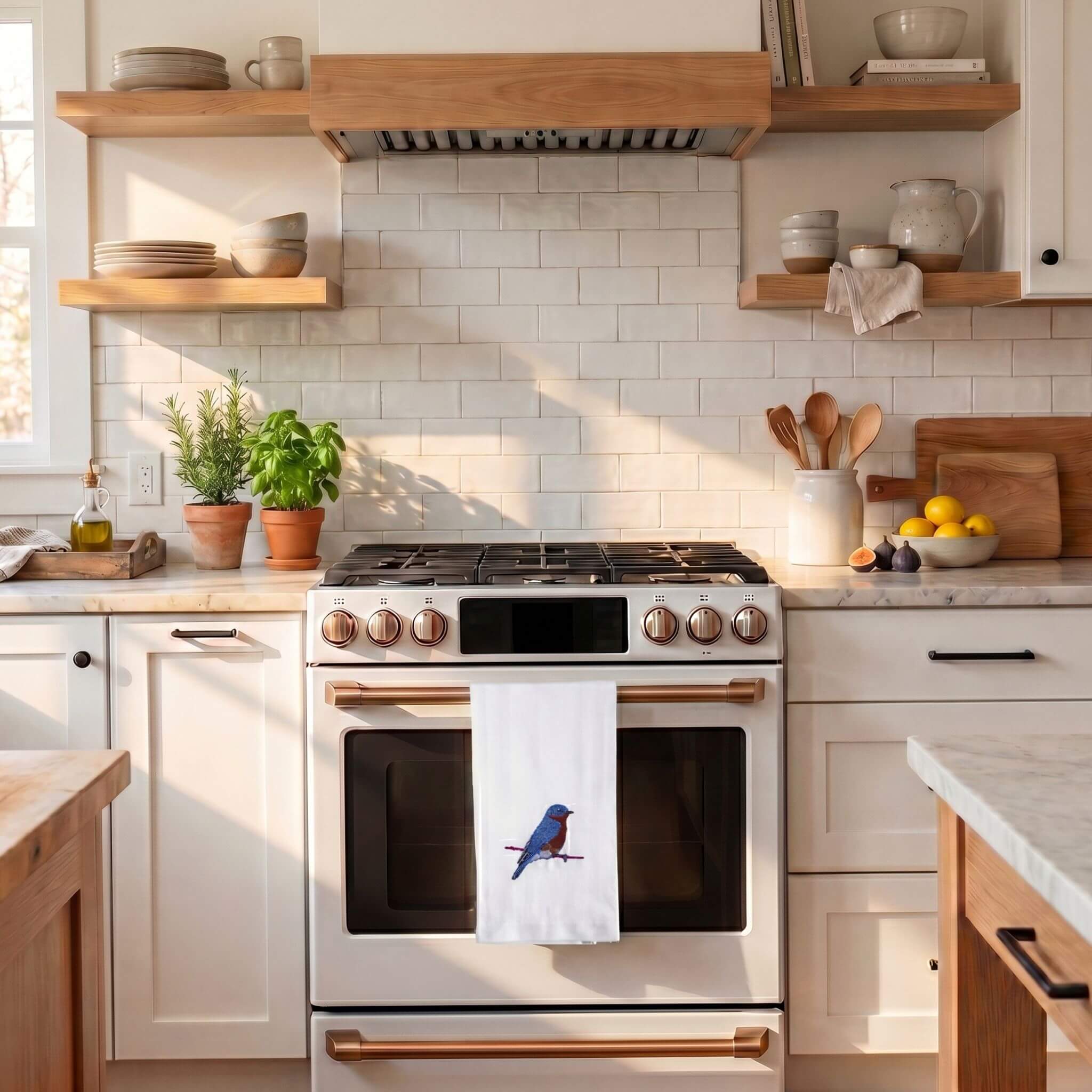 Blue Bird embroidered cotton kitchen tea towel 