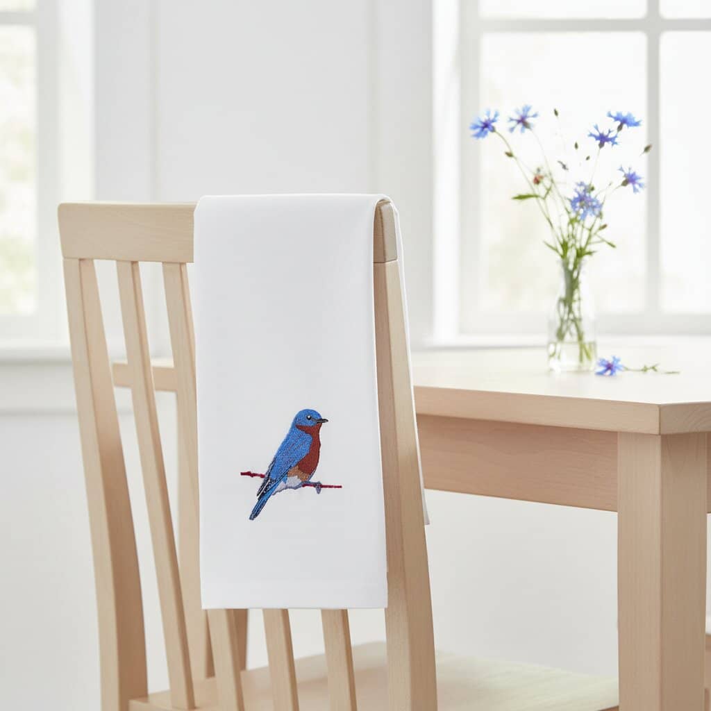 Blue Bird embroidered cotton kitchen tea towel 
